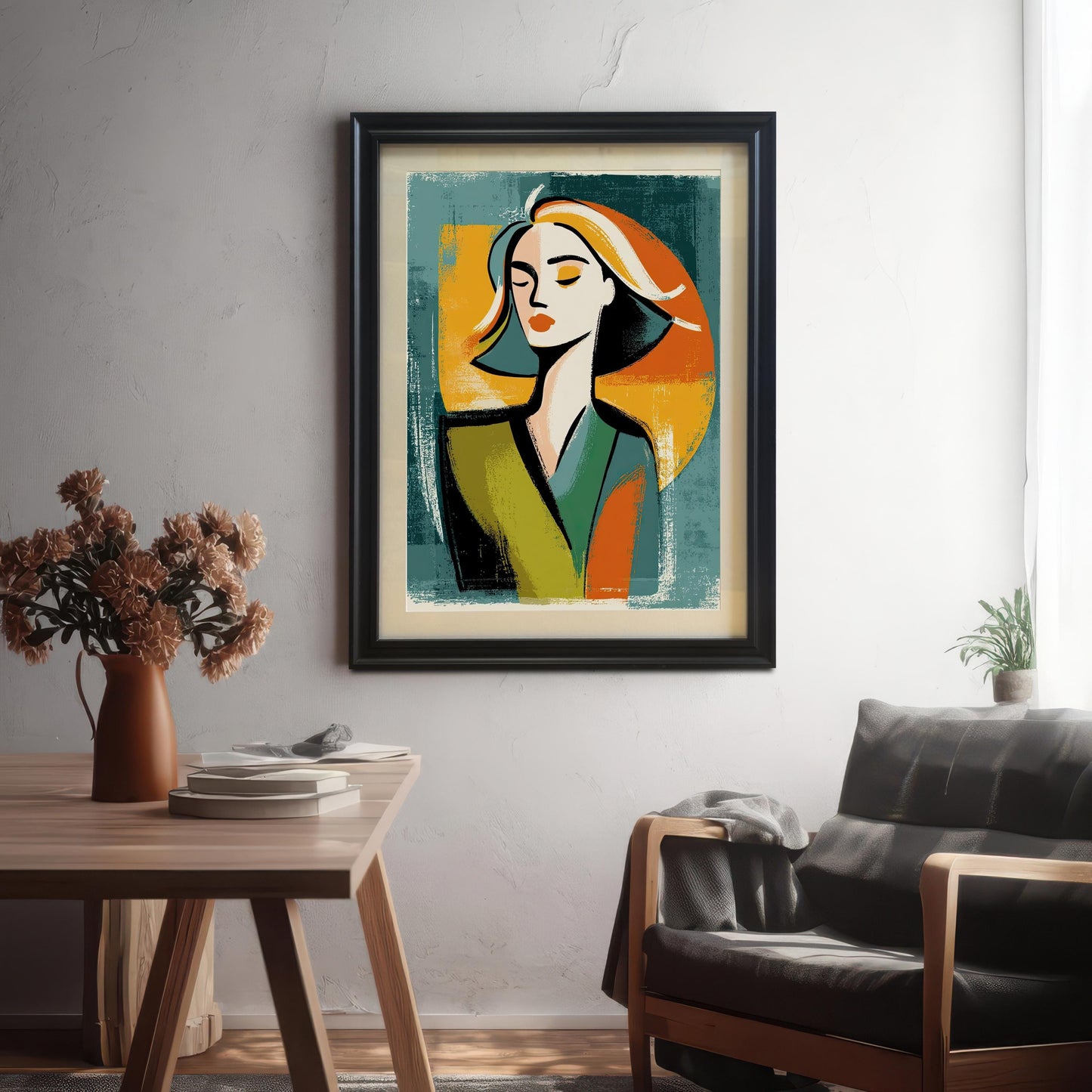A framed print of a woman's portrait in a bold, abstract style. The frame is black with a white inner border, and the painting is hanging on a textured white wall above a dark leather armchair.
