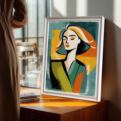 A framed print of a woman's portrait in a bold, abstract style. The frame is white and the print is propped on a wooden cabinet next to a person in a brown dress.