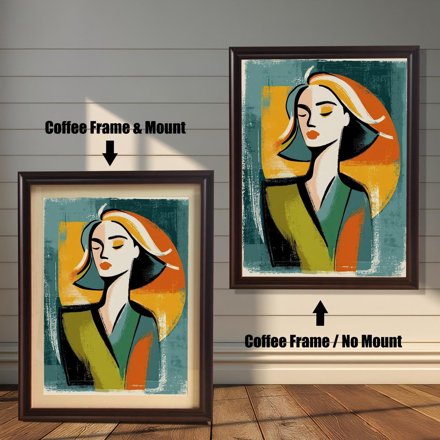 A side-by-side comparison of a framed print with a mount and without a mount. Both prints feature an abstract portrait and are in a dark brown frame. Text labels the images "Coffee Frame & Mount" and "Coffee Frame / No Mount."