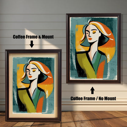 A side-by-side comparison of a framed print with a mount and without a mount. Both prints feature an abstract portrait and are in a dark brown frame. Text labels the images "Coffee Frame & Mount" and "Coffee Frame / No Mount."