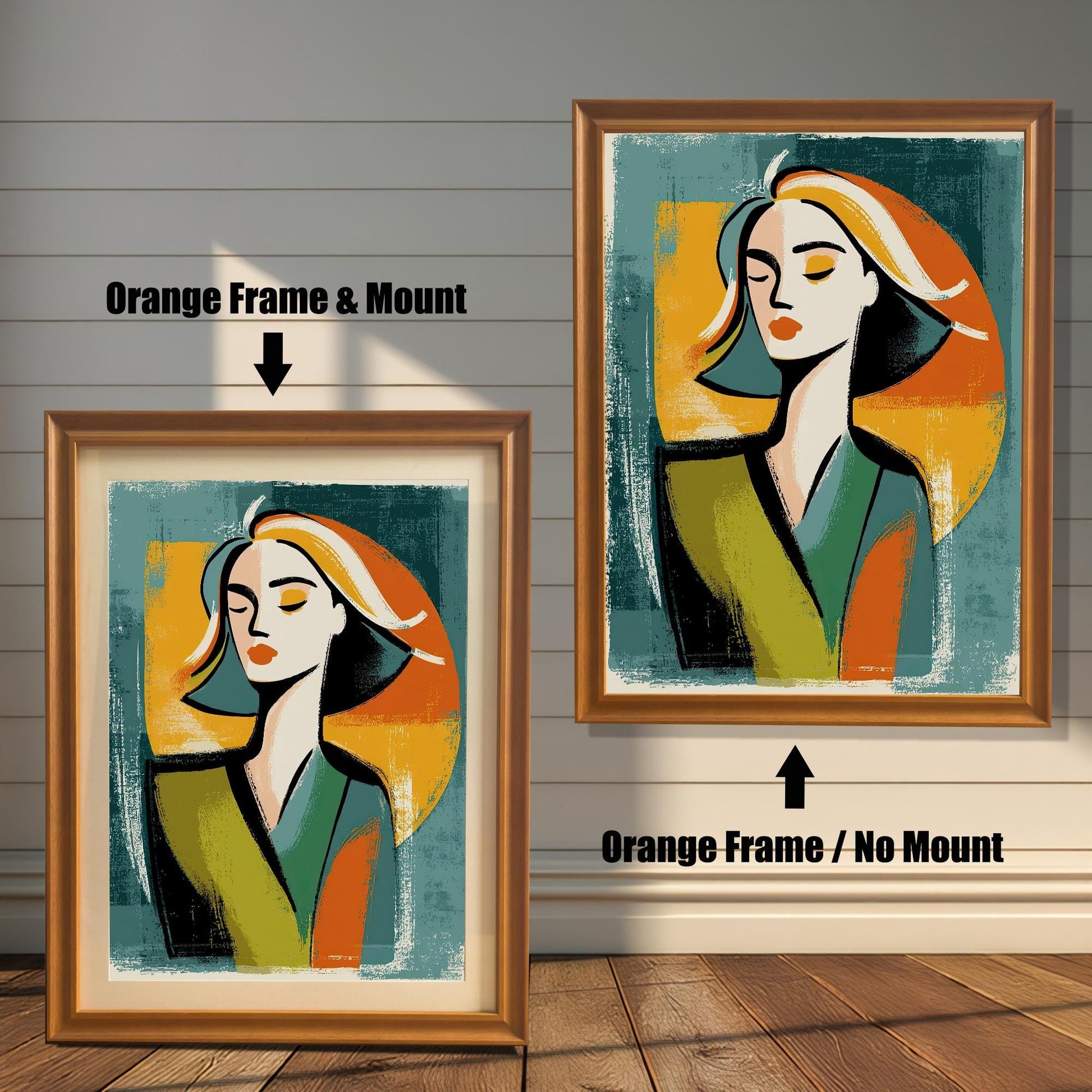 A side-by-side comparison of a framed print with a mount and without a mount. Both prints feature an abstract portrait and are in an orange wood-style frame. Text labels the images "Orange Frame & Mount" and "Orange Frame / No Mount."