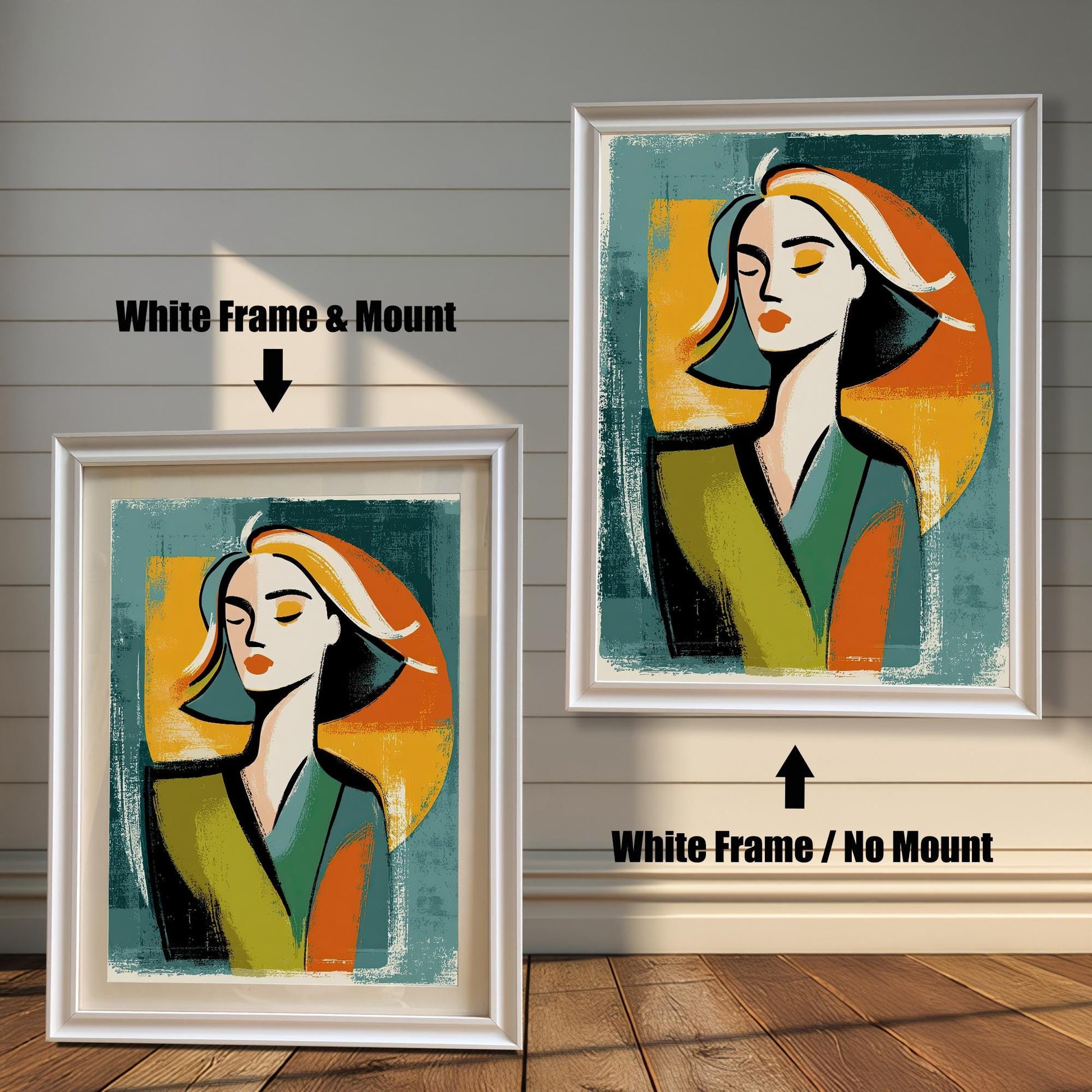 A side-by-side comparison of a framed print with a mount and without a mount. Both prints feature an abstract portrait and are in a white frame. Text labels the images "White Frame & Mount" and "White Frame / No Mount."