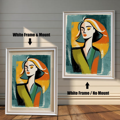 A side-by-side comparison of a framed print with a mount and without a mount. Both prints feature an abstract portrait and are in a white frame. Text labels the images "White Frame & Mount" and "White Frame / No Mount."