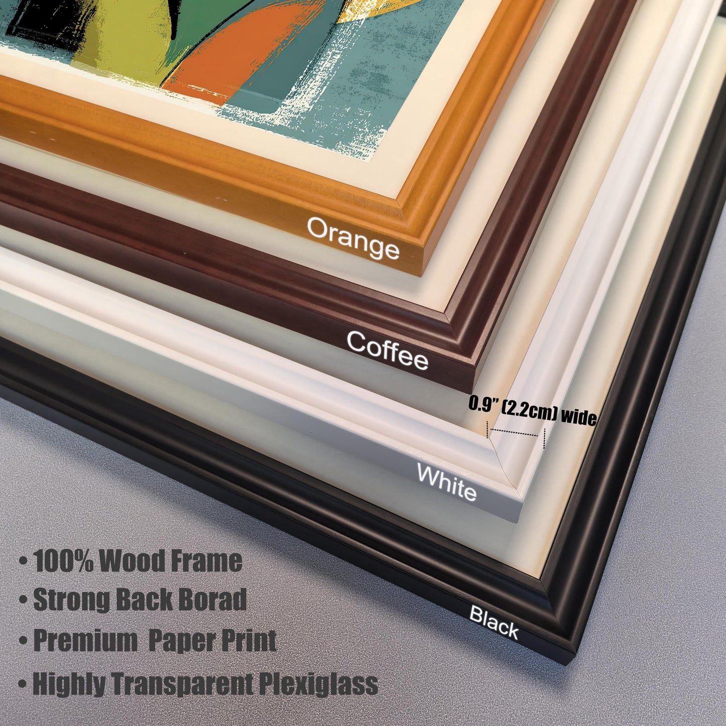 A close-up, stacked view of the corner of four different picture frames: orange, coffee, white, and black. A ruler indicates the frame width is 0.9 inches. Bullet points list features of the frame materials.