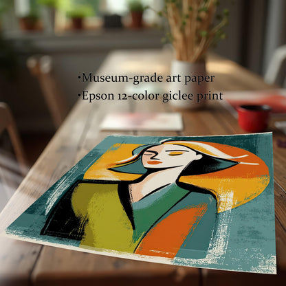 A close-up, angled shot of an unframed print of an abstract woman's portrait resting on a wooden table. Bullet points list the product features: "Museum-grade art paper" and "Epson 12-color giclee print."