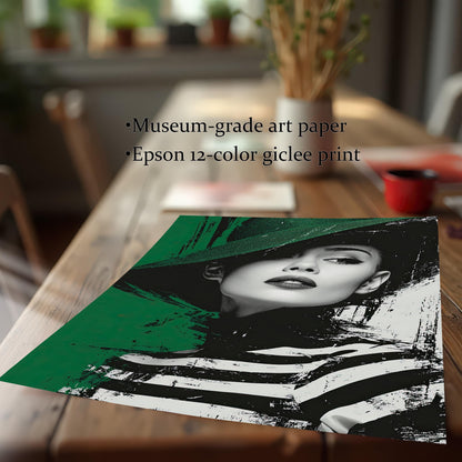 A close-up, angled shot of an unframed print of a woman's portrait resting on a wooden table. Bullet points list the product features: "Museum-grade art paper" and "Epson 12-color giclee print."