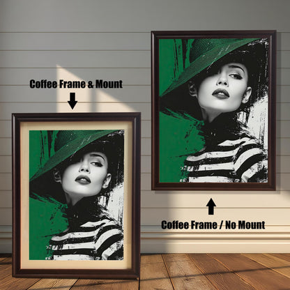 A side-by-side comparison of a framed print with a mount and without a mount. Both prints feature a portrait of a woman and are in a dark brown frame. Text labels the images "Coffee Frame & Mount" and "Coffee Frame / No Mount."