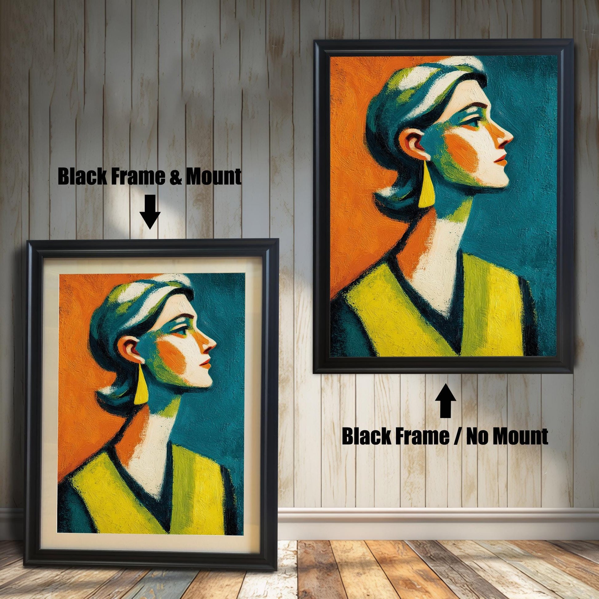 A side-by-side comparison of a framed print with a mount and without a mount. Both prints feature an abstract portrait and are in a black frame. Text labels the images "Black Frame & Mount" and "Black Frame / No Mount."
