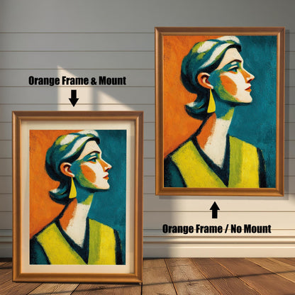 A side-by-side comparison of a framed print with a mount and without a mount. Both prints feature an abstract portrait and are in an orange wood-style frame. Text labels the images "Orange Frame & Mount" and "Orange Frame / No Mount."