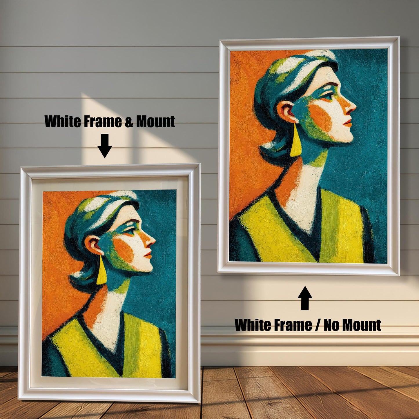 A side-by-side comparison of a framed print with a mount and without a mount. Both prints feature an abstract portrait and are in a white frame. Text labels the images "White Frame & Mount" and "White Frame / No Mount."