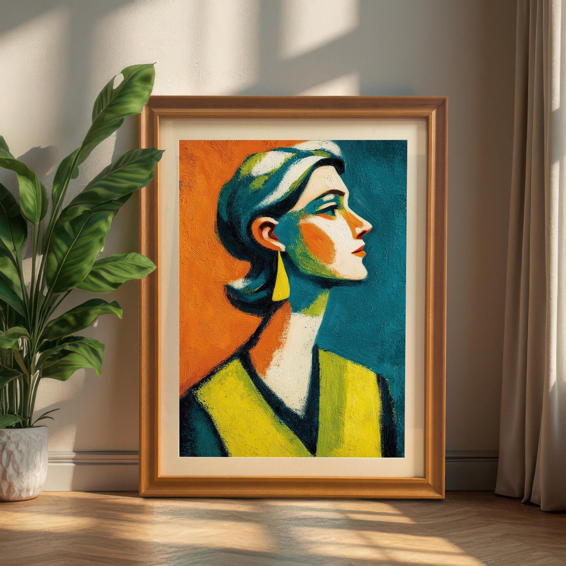 A framed print of a woman's abstract portrait. The frame is a light orange wood color and the print is propped on a wooden floor against a wall next to a large potted plant.
