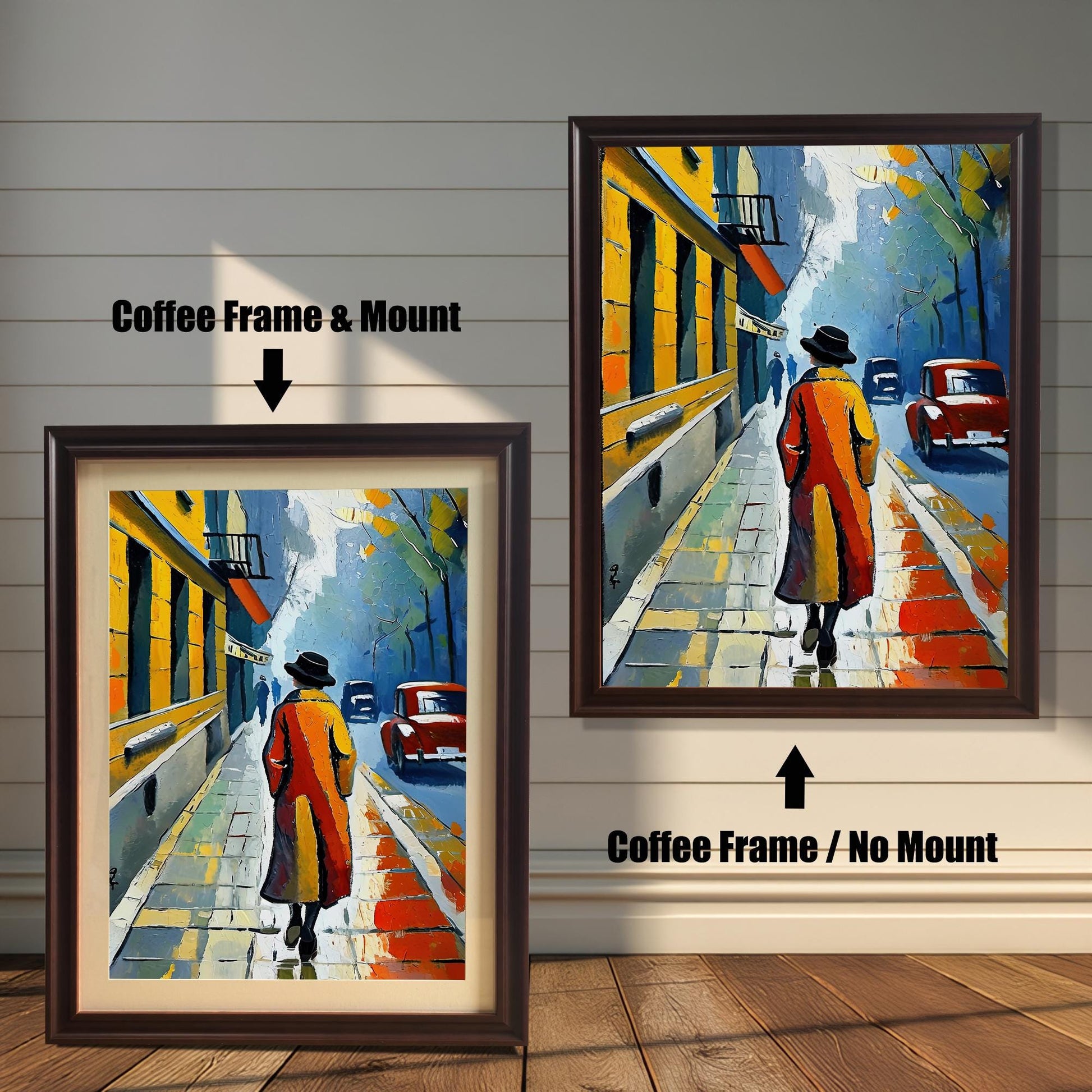 A side-by-side comparison of a framed surfing print with a mount and without a mount. Both prints are in a coffee frame. Text labels the images "Coffee Frame & Mount" and "Coffee Frame / No Mount."