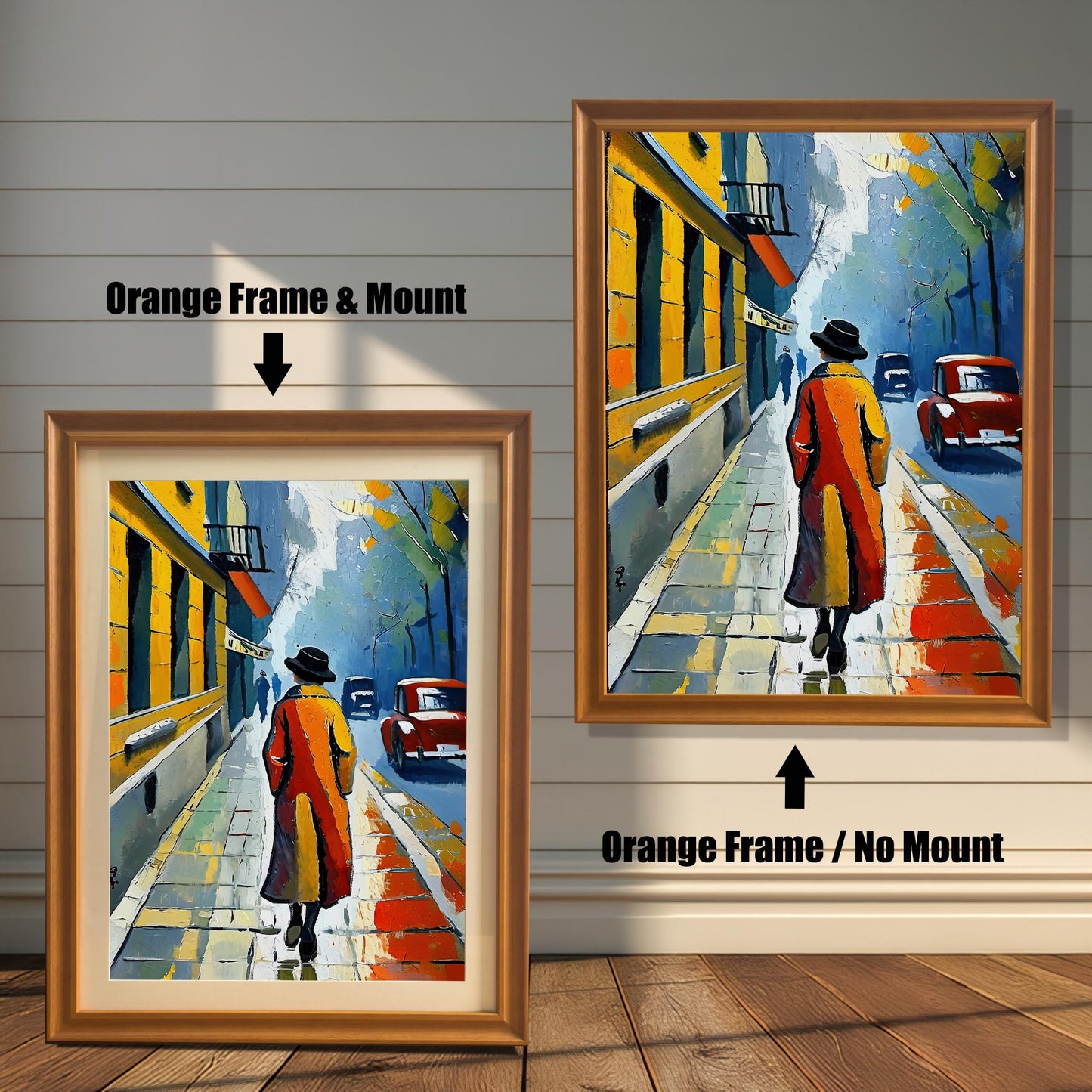 A side-by-side comparison of a framed print with a mount and without a mount. Both prints feature an impressionistic city scene and are in an orange wood-style frame. Text labels the images "Orange Frame & Mount" and "Orange Frame / No Mount."