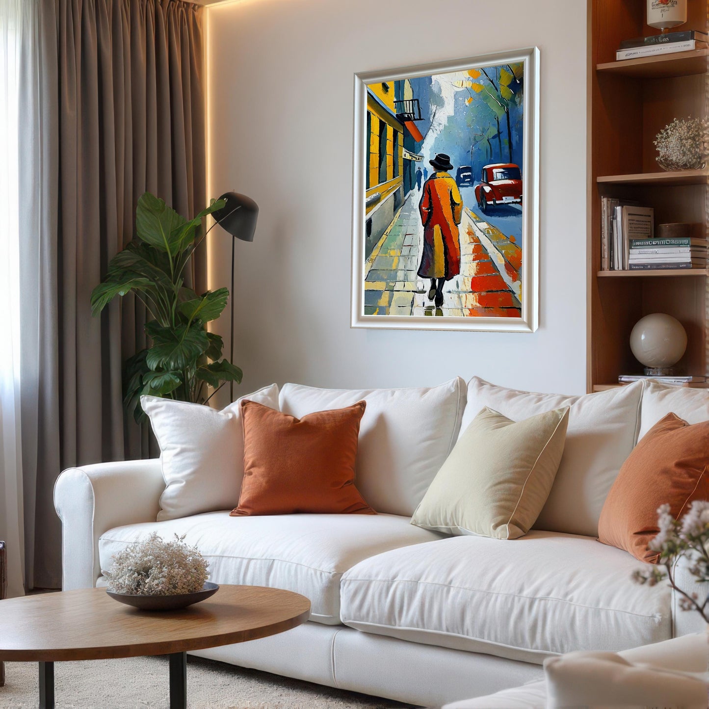 A framed print of a person in a red coat walking down a street. The print is in a thin white frame and is hanging on a wall above a white couch. A plant and a bookshelf are also visible.