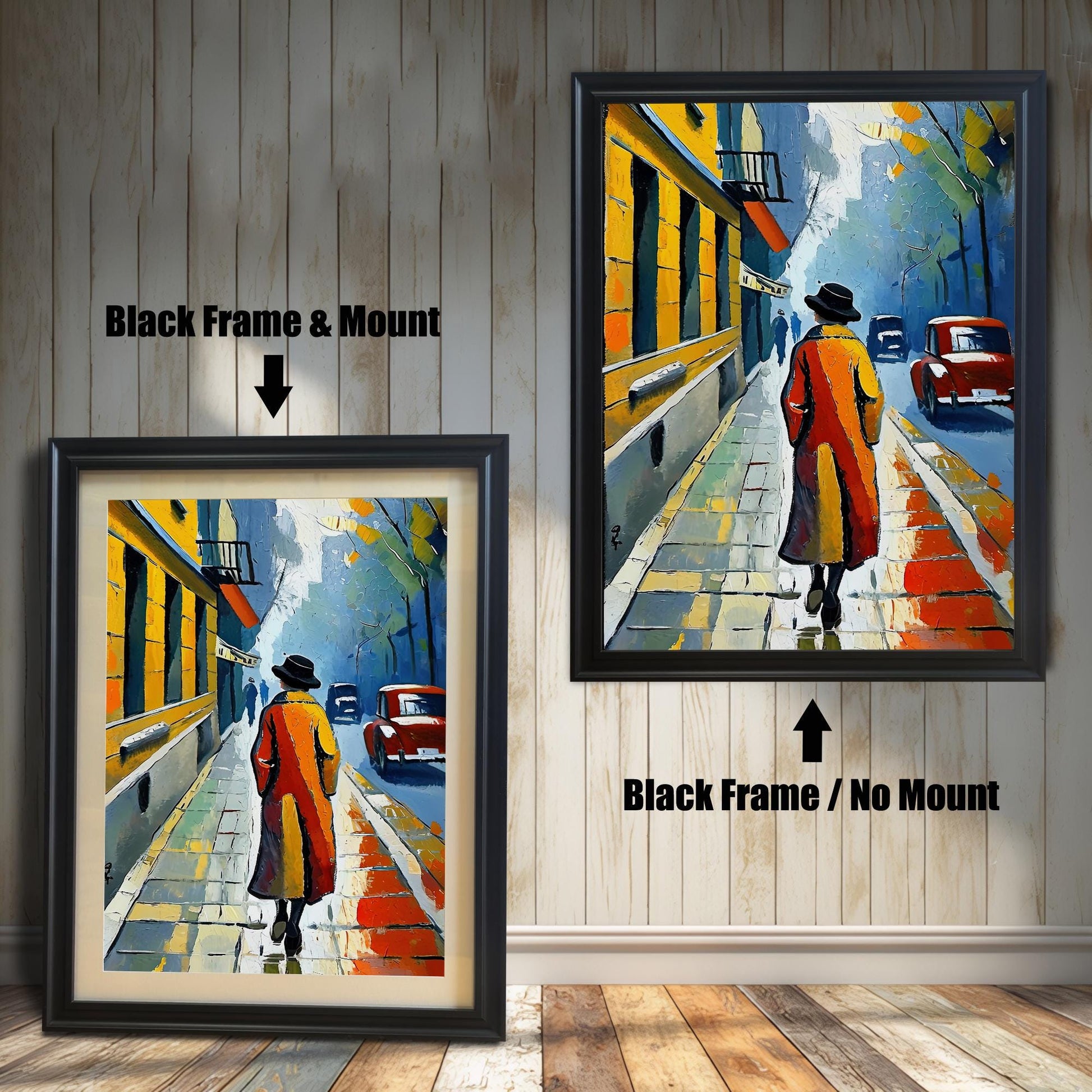A side-by-side comparison of a framed print with a mount and without a mount. Both prints feature an impressionistic city scene and are in a black frame. Text labels the images "Black Frame & Mount" and "Black Frame / No Mount."
