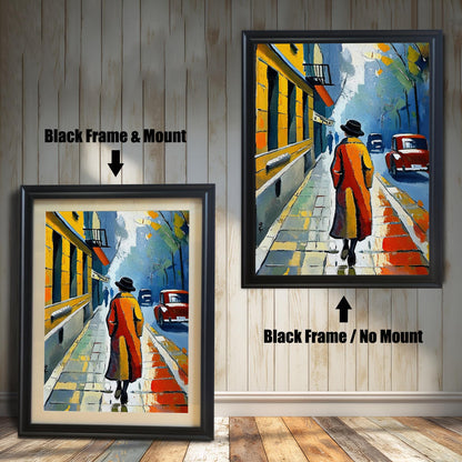 A side-by-side comparison of a framed print with a mount and without a mount. Both prints feature an impressionistic city scene and are in a black frame. Text labels the images "Black Frame & Mount" and "Black Frame / No Mount."