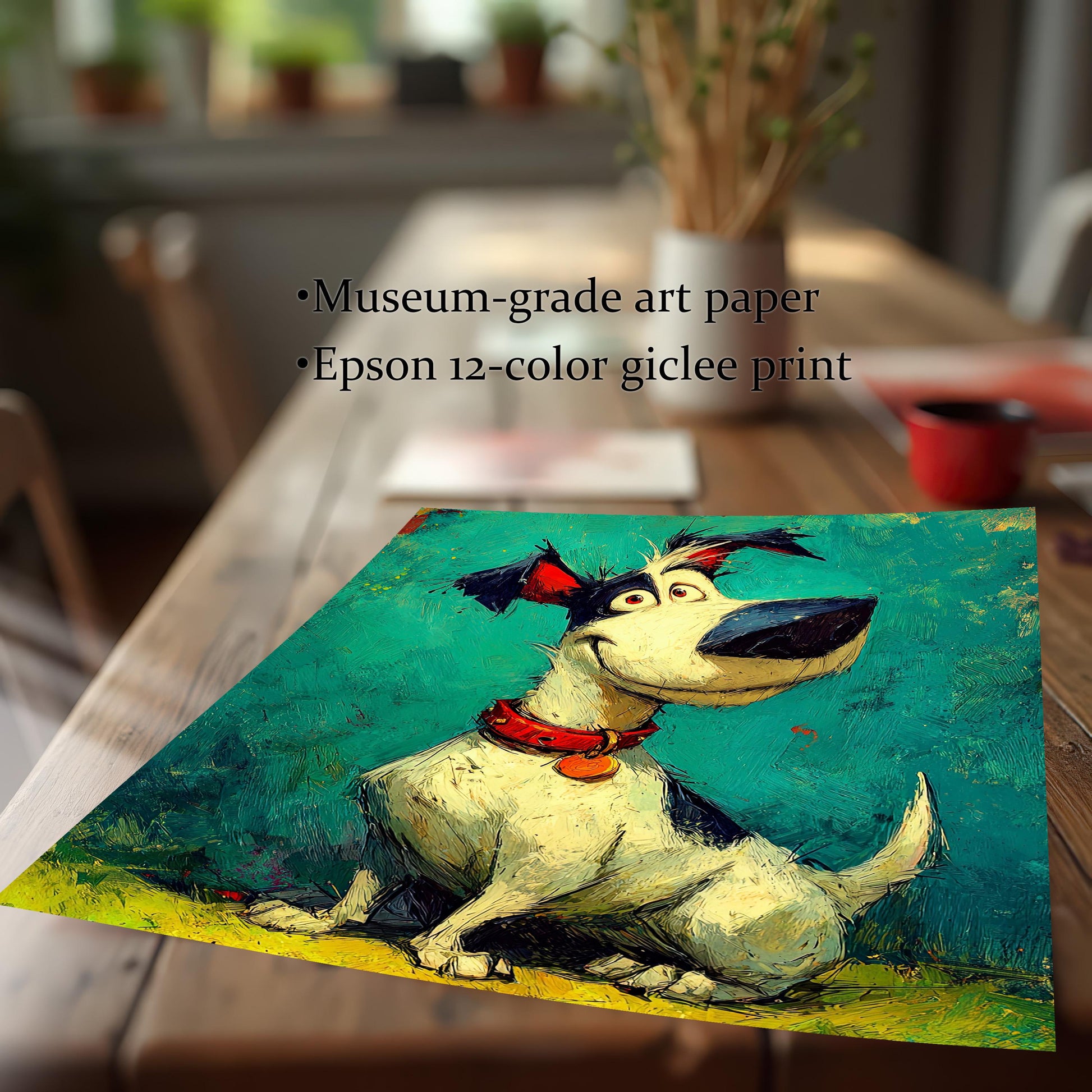The dog art print lies on a wooden table. Text notes "Museum-grade art paper" and "Epson 12-color giclee print."