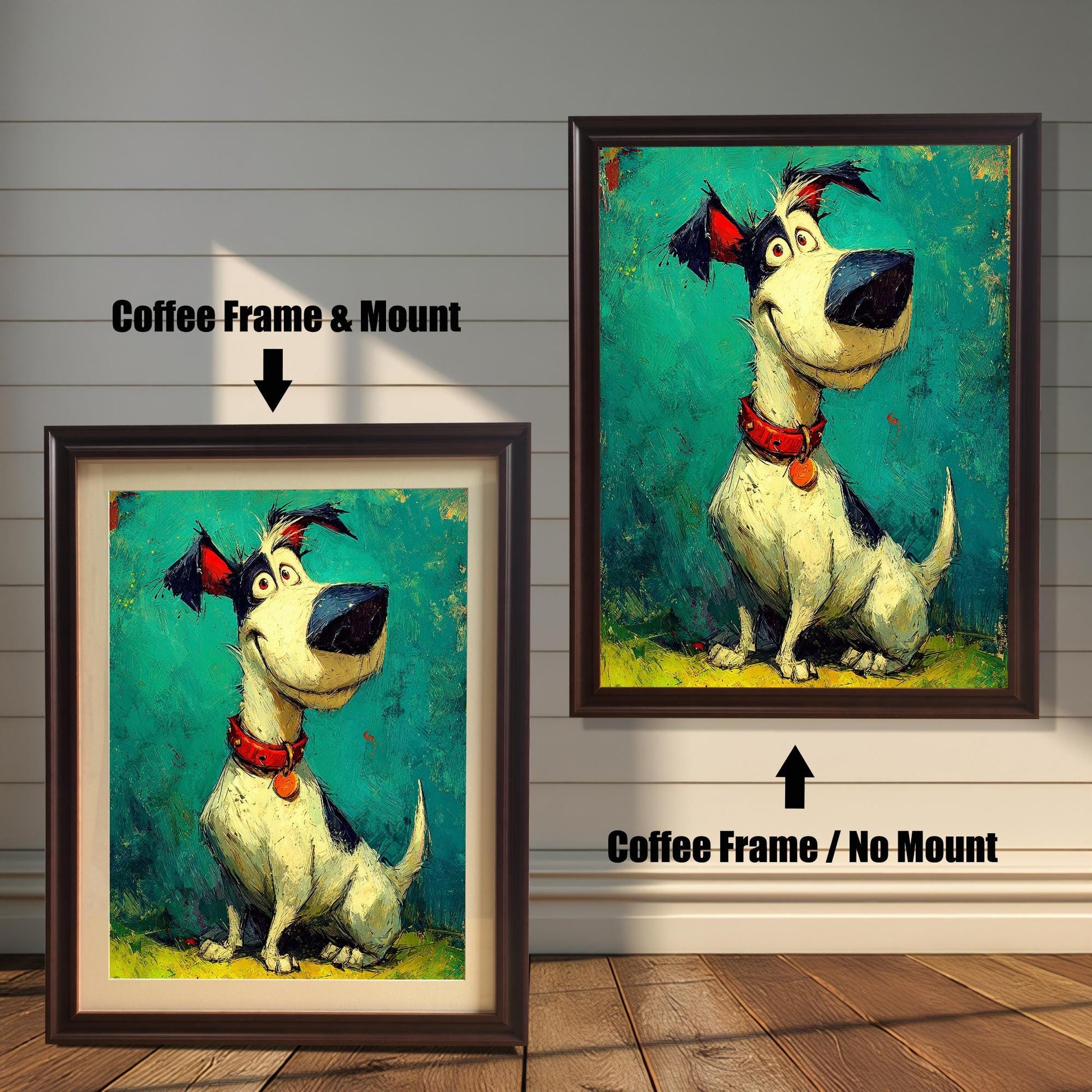 Two framed versions of the dog art against a white wall: "Coffee Frame & Mount" (smaller, left) and "Coffee Frame / No Mount" (larger, right).