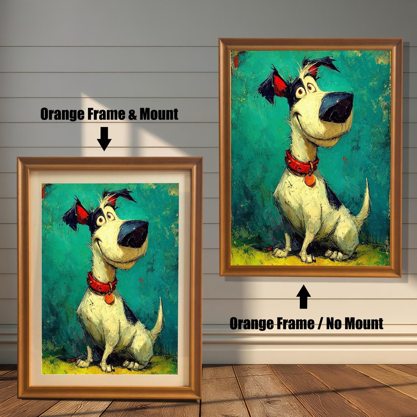 Two framed versions of the dog art against a white wall: "Orange Frame & Mount" (smaller, left) and "Orange Frame / No Mount" (larger, right).