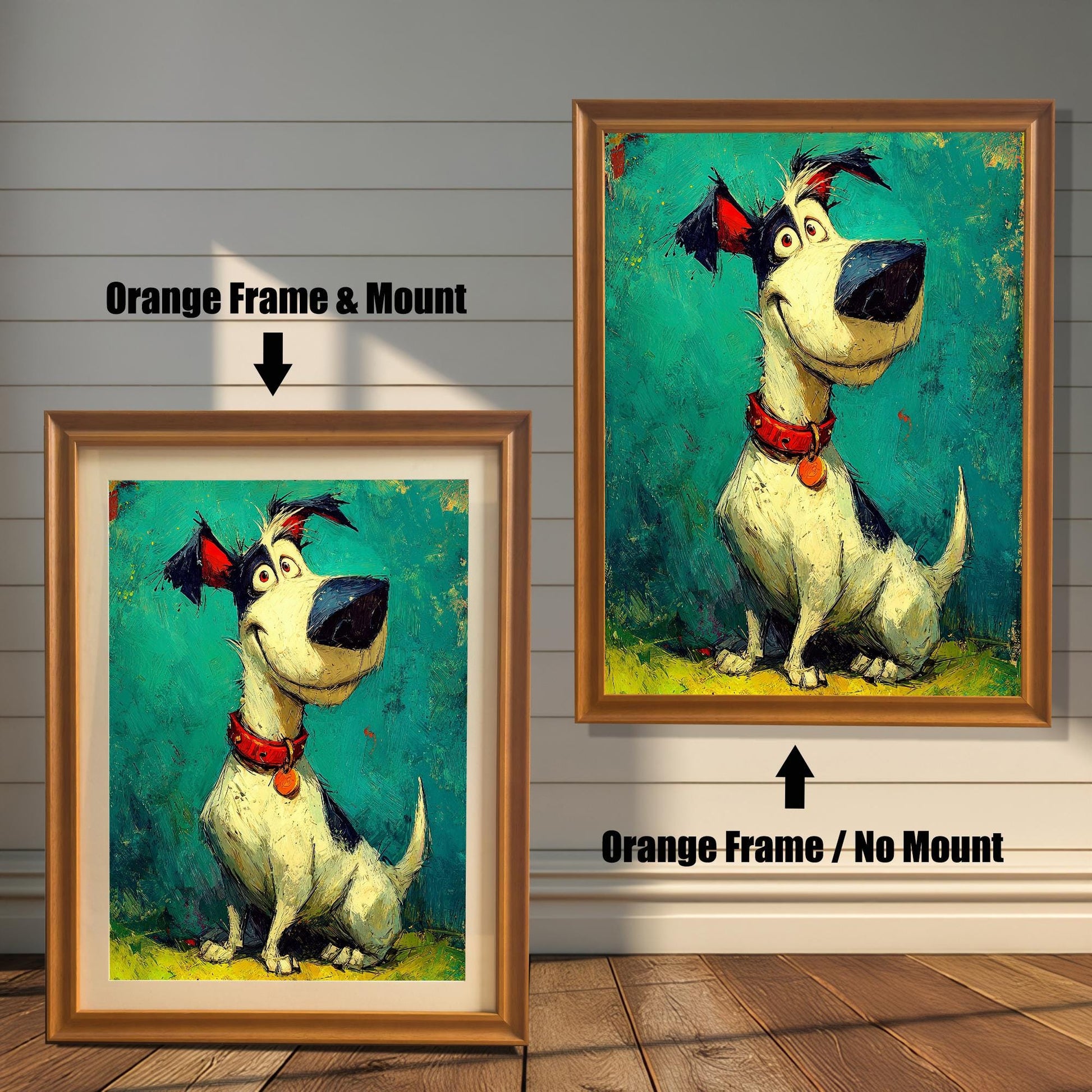 Two framed versions of the dog art against a white wall: "Orange Frame & Mount" (smaller, left) and "Orange Frame / No Mount" (larger, right).