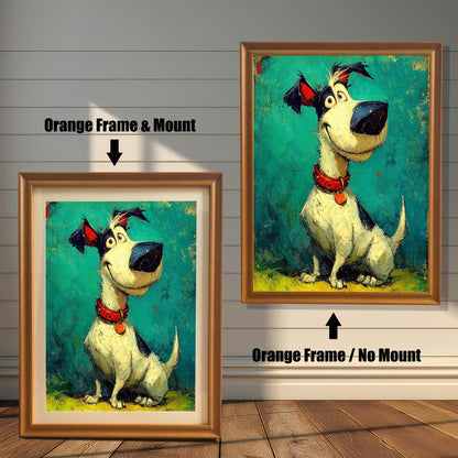 Two framed versions of the dog art against a white wall: "Orange Frame & Mount" (smaller, left) and "Orange Frame / No Mount" (larger, right).