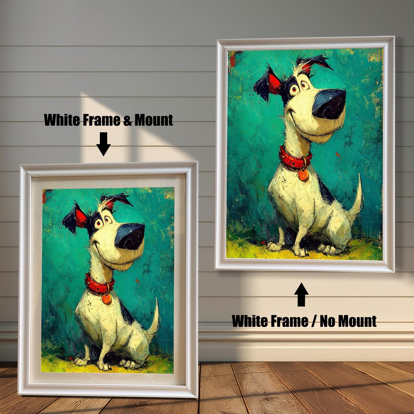 Two framed versions of the dog art against a white wall: "White Frame & Mount" (smaller, left) and "White Frame / No Mount" (larger, right).