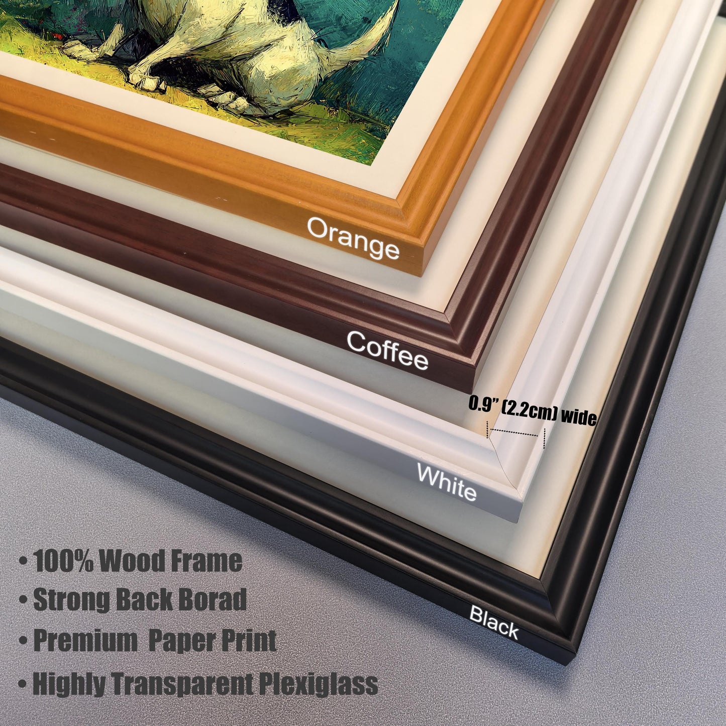 Close-up showing four available wood frame colors: Orange, Coffee, White, and Black