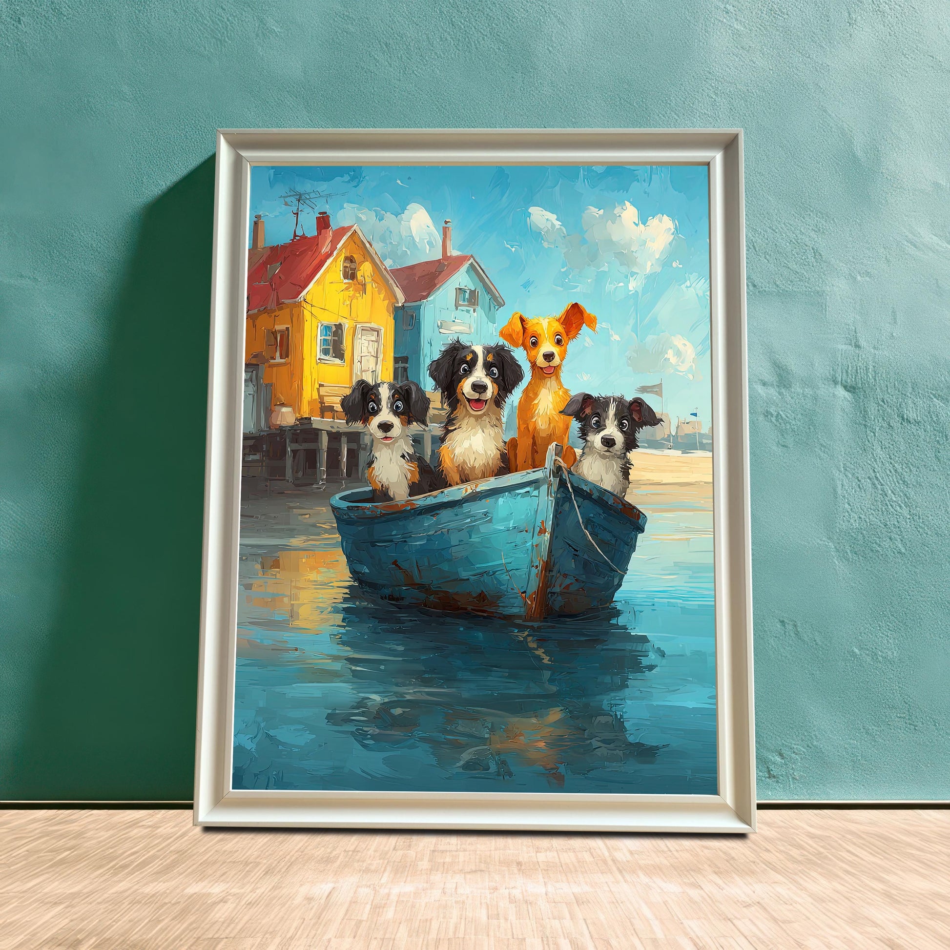 A white-framed print of four dogs in a blue boat near colorful houses leans on the floor against a blue-green wall.