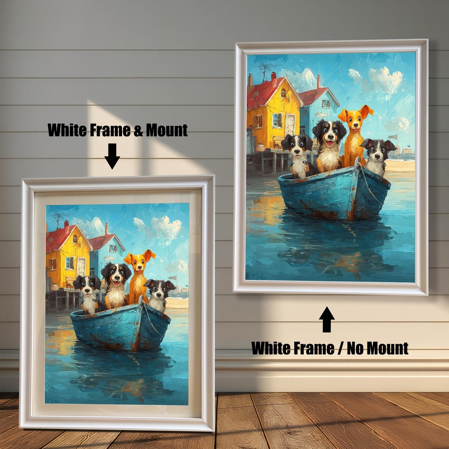 A comparison of the dog boat art print with a White Frame and a Mount (bottom-left) versus a White Frame with No Mount (top-right).