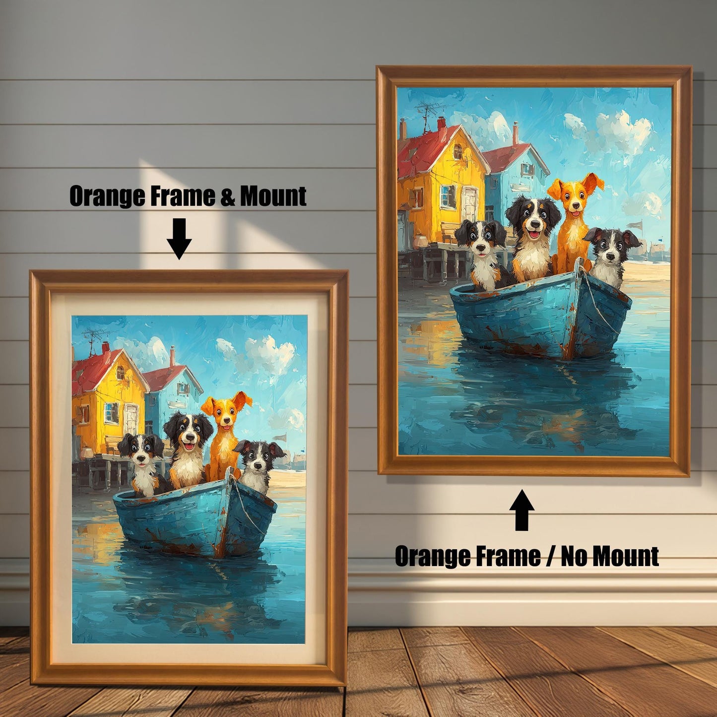 A comparison of the dog boat art print with an Orange Frame and a Mount (bottom-left) versus an Orange Frame with No Mount (top-right).