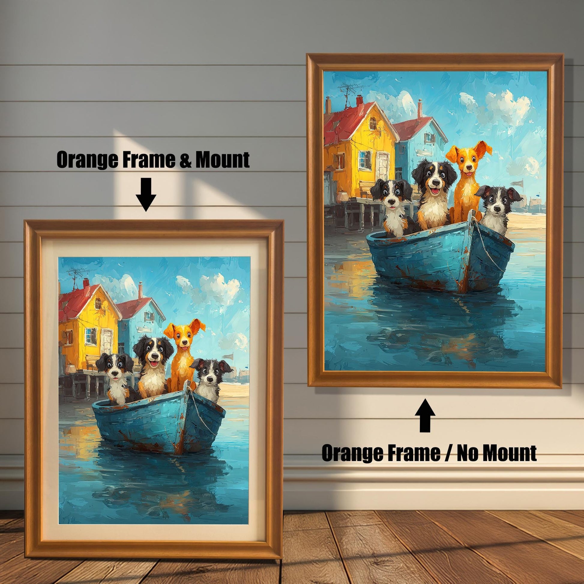 A comparison of the dog boat art print with an Orange Frame and a Mount (bottom-left) versus an Orange Frame with No Mount (top-right).