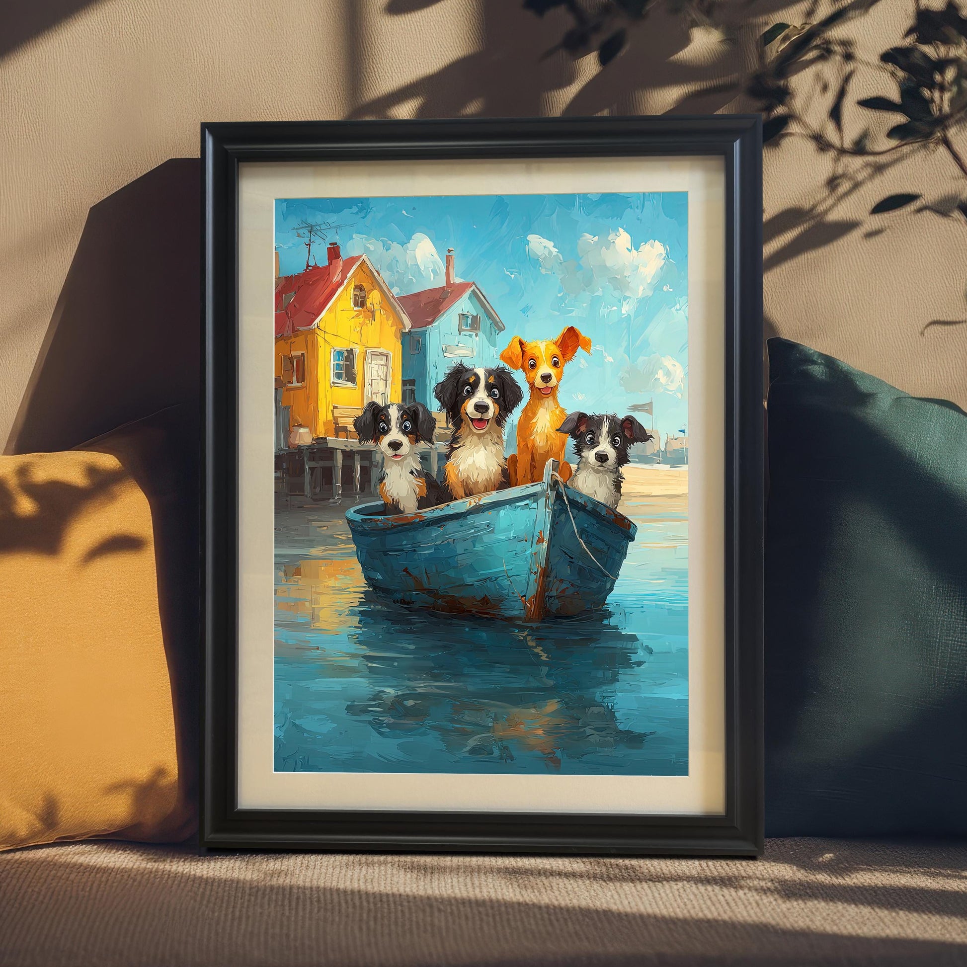 Framed dog painting in a black frame resting on a couch with yellow and teal pillows. Sunlight casts shadows over the frame and pillows