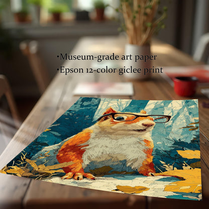 The squirrel art print laid on a wooden table, emphasizing the Museum-grade art paper and Epson 12-color giclee print quality.