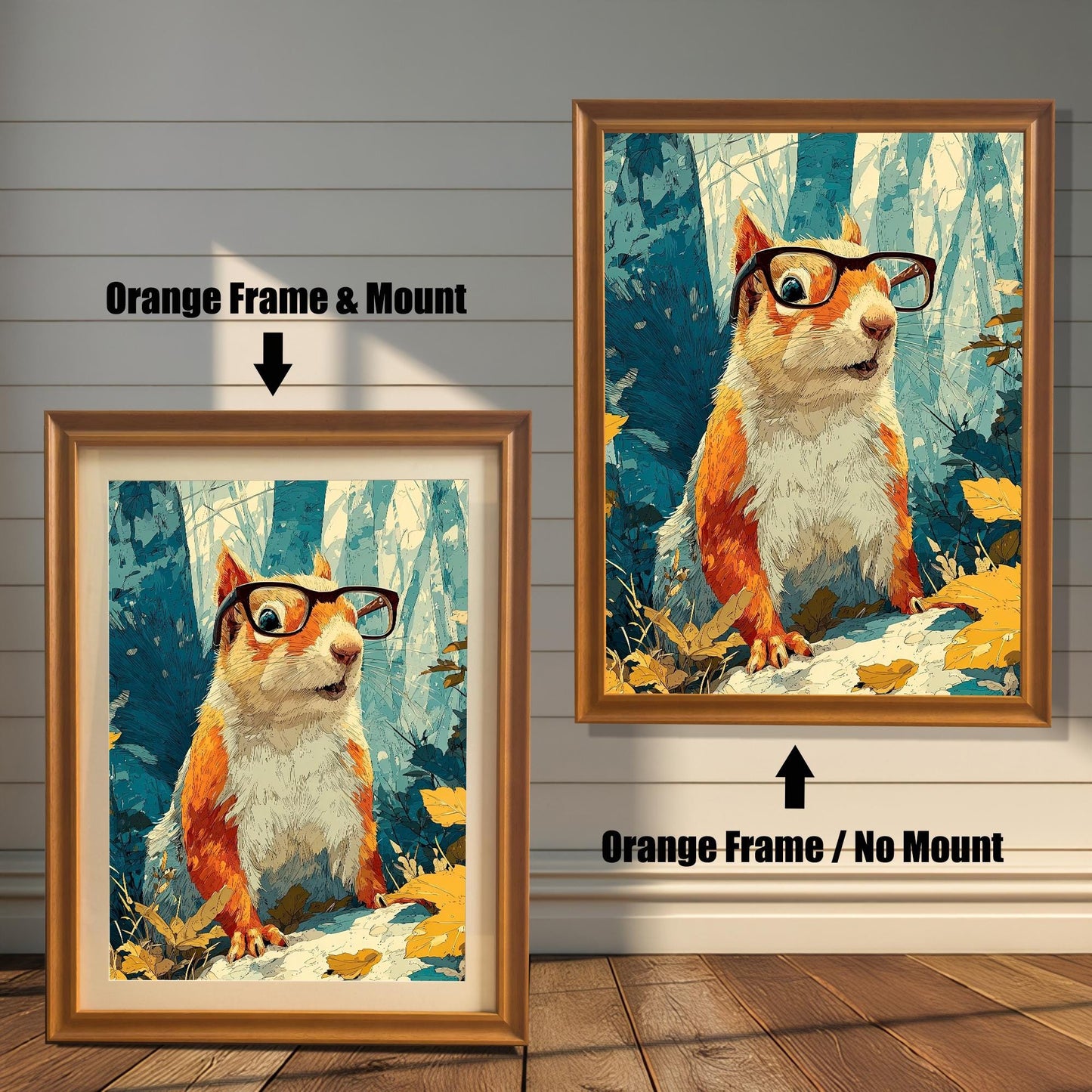 Comparison of the squirrel art in an Orange wood frame, showing options for with a Mount (matte) and No Mount.