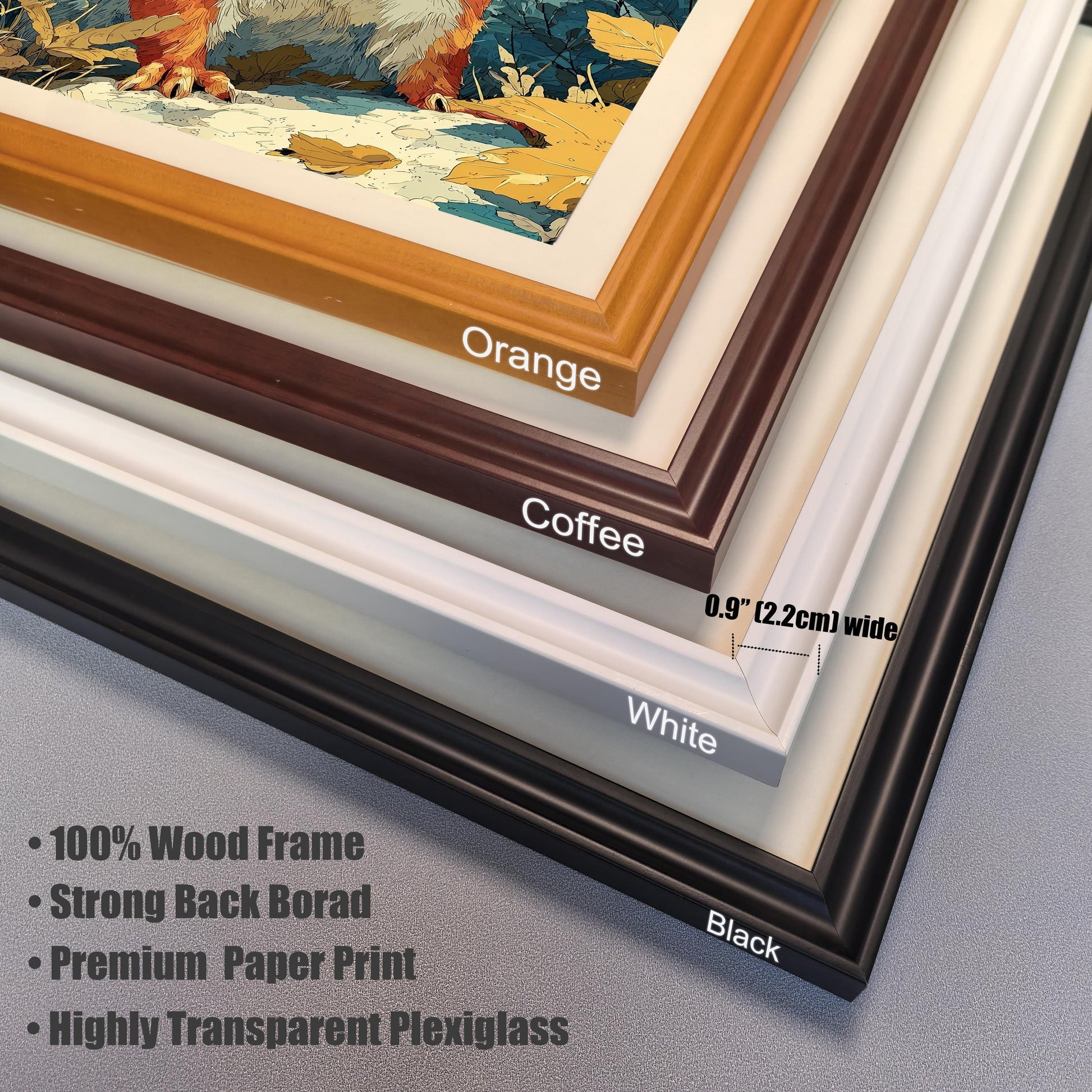 Close-up view of four stacked frame corners, showing color options: Orange, Coffee, White, and Black. Text highlights frame material, print, and Plexiglass.
