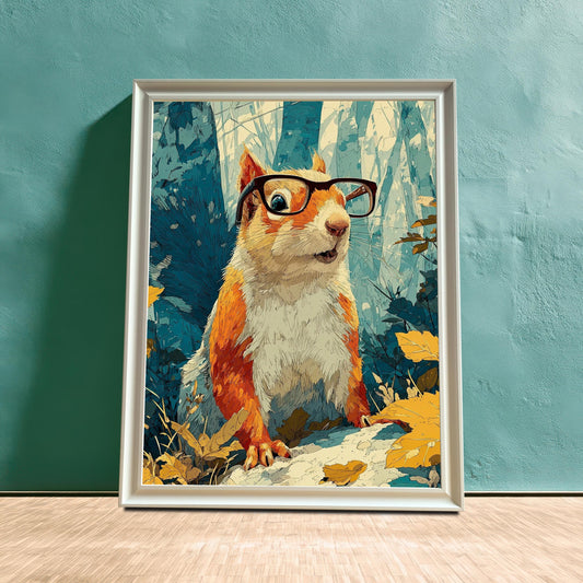Framed print of an anthropomorphic squirrel wearing black glasses, set against a teal wall. The art style is painterly with blue, orange, and yellow autumn colors.