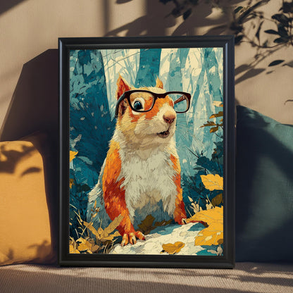 Framed print of the bespectacled squirrel in a Black frame, resting on a couch with yellow and teal pillows.