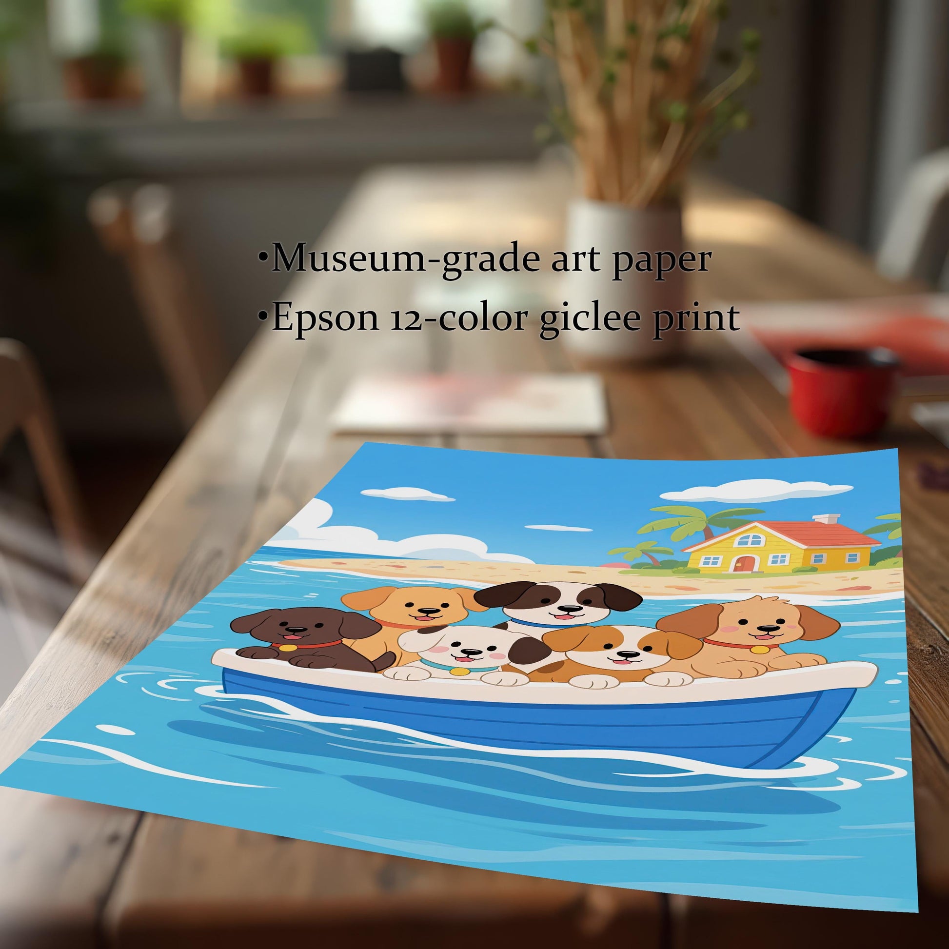 A close-up of the museum-grade art paper print with an "Epson 12-color giclee print" label, showing the image of dogs in a boat on a wooden table.