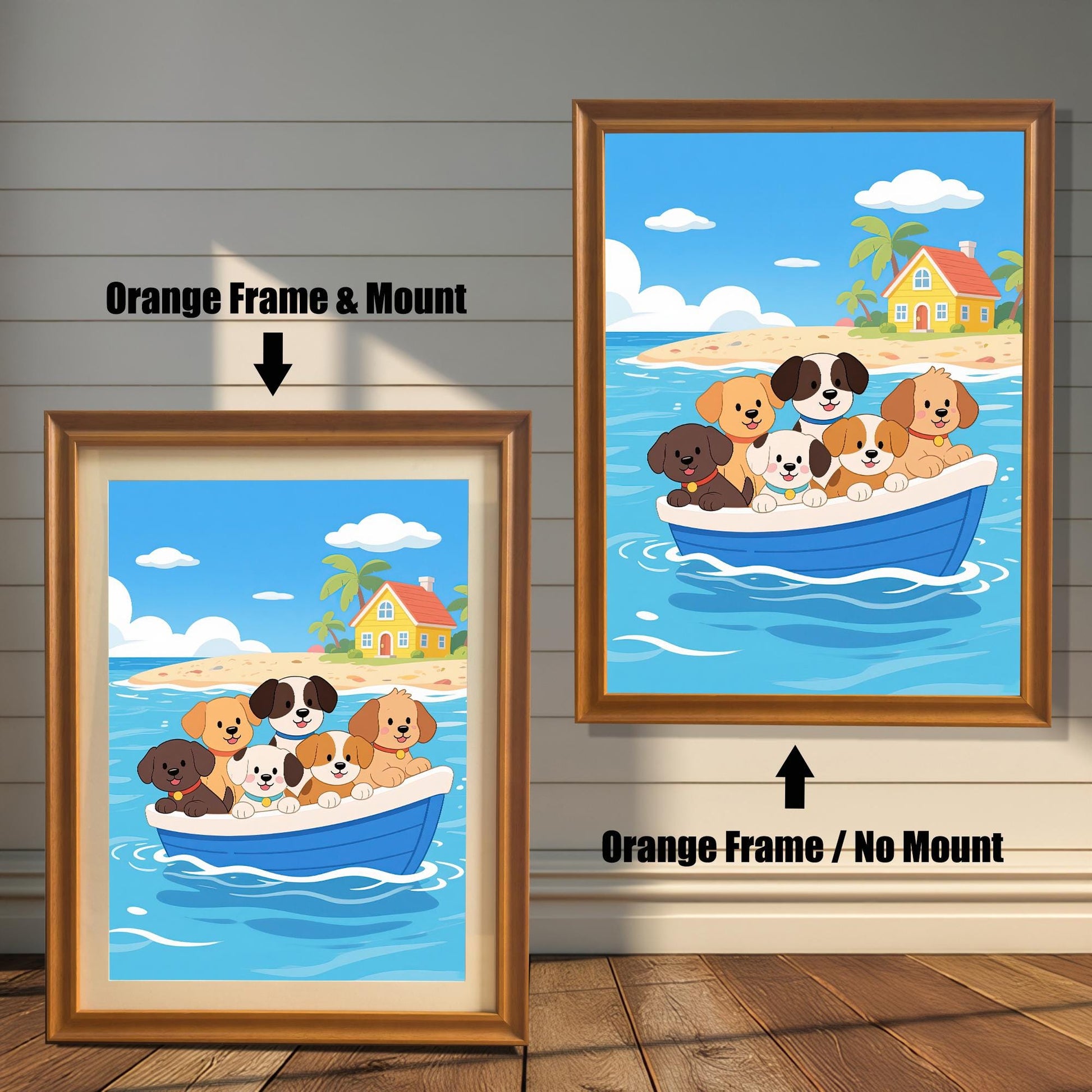 Comparison of two orange-framed prints: one with a white mount (mat) and one without, both featuring the cartoon of dogs in a boat.