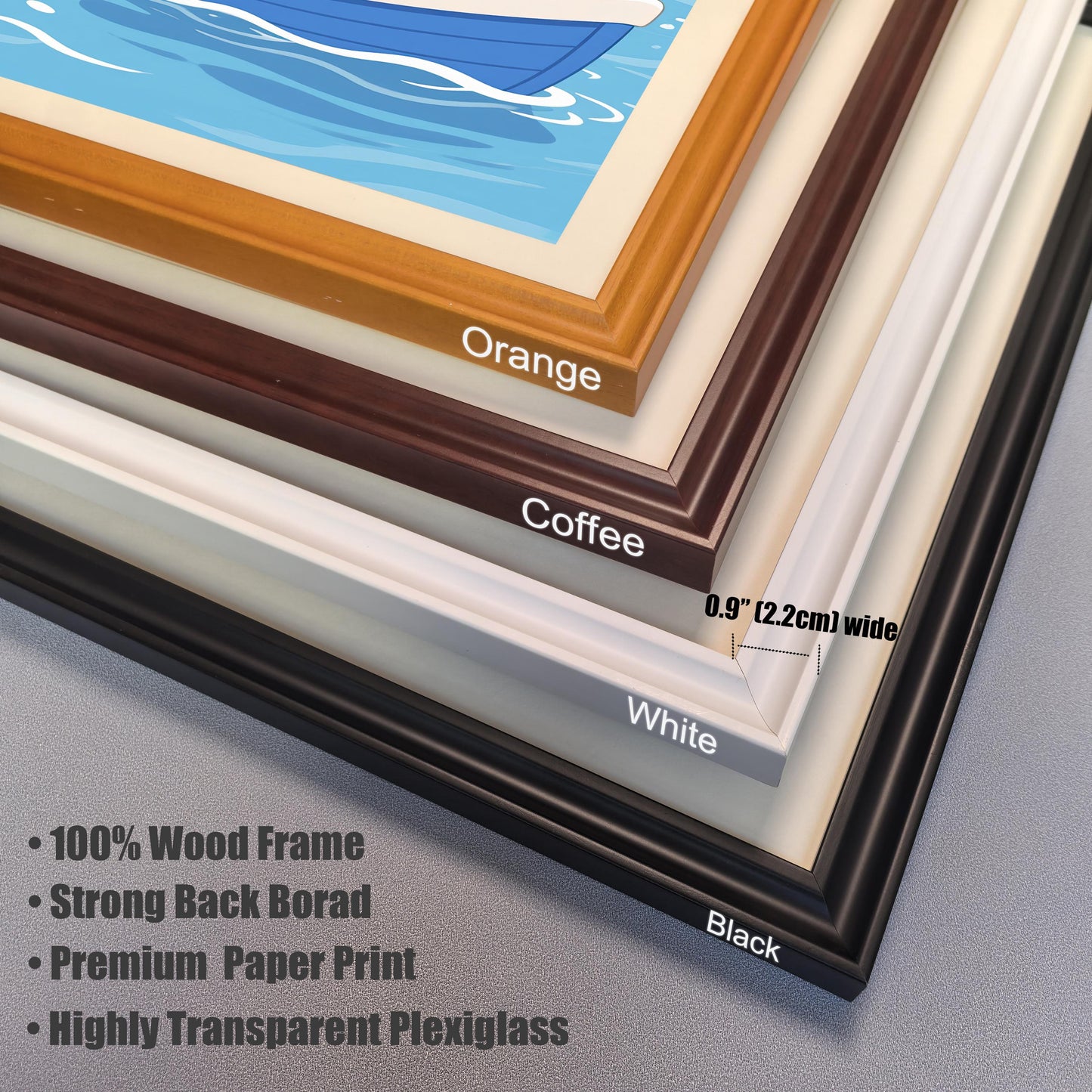A close-up of the four available frame colors—Orange, Coffee, White, and Black—showing the 0.9" (2.2cm) width and listing frame features like 100% Wood Frame and Premium Paper Print.