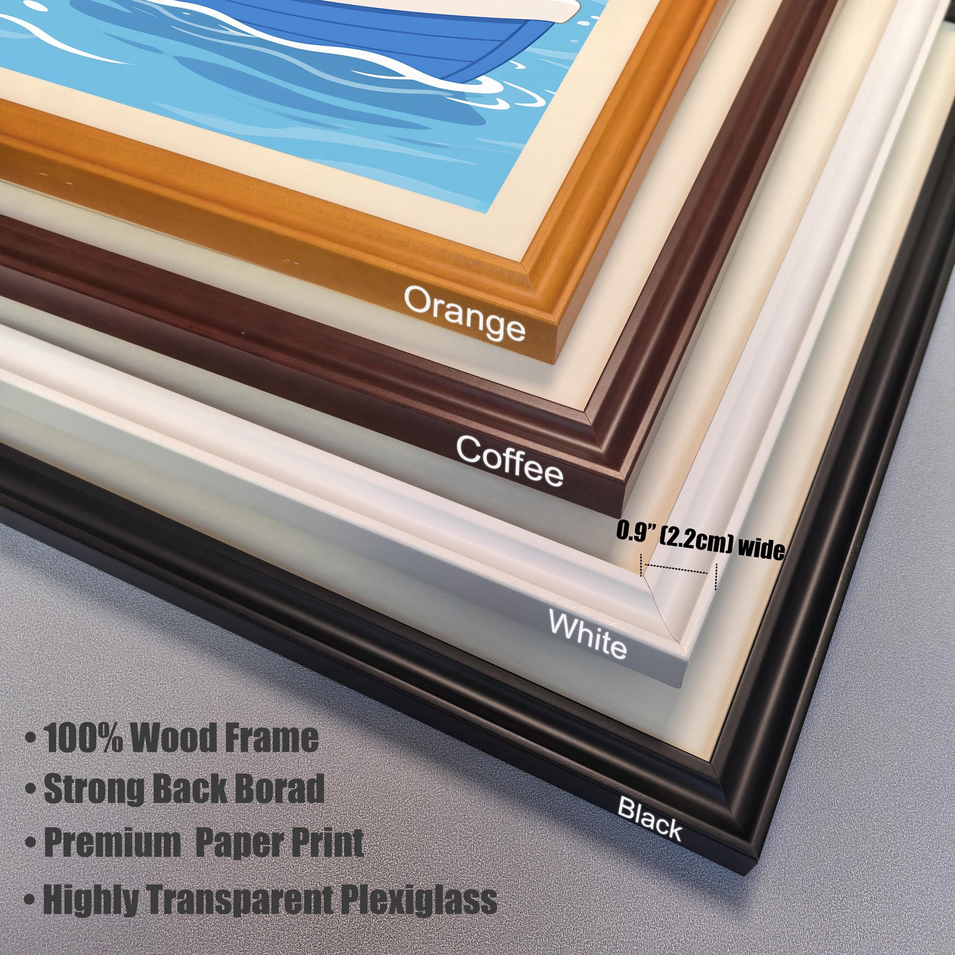 A close-up of the four available frame colors—Orange, Coffee, White, and Black—showing the 0.9" (2.2cm) width and listing frame features like 100% Wood Frame and Premium Paper Print.