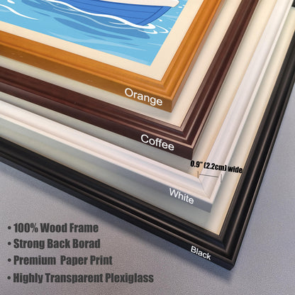 A close-up of the four available frame colors—Orange, Coffee, White, and Black—showing the 0.9" (2.2cm) width and listing frame features like 100% Wood Frame and Premium Paper Print.