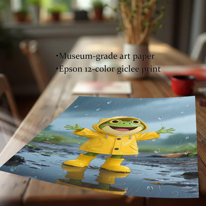 A close-up of the museum-grade art paper print with an "Epson 12-color giclee print" label, showing the image of the frog in a yellow raincoat on a wooden table.