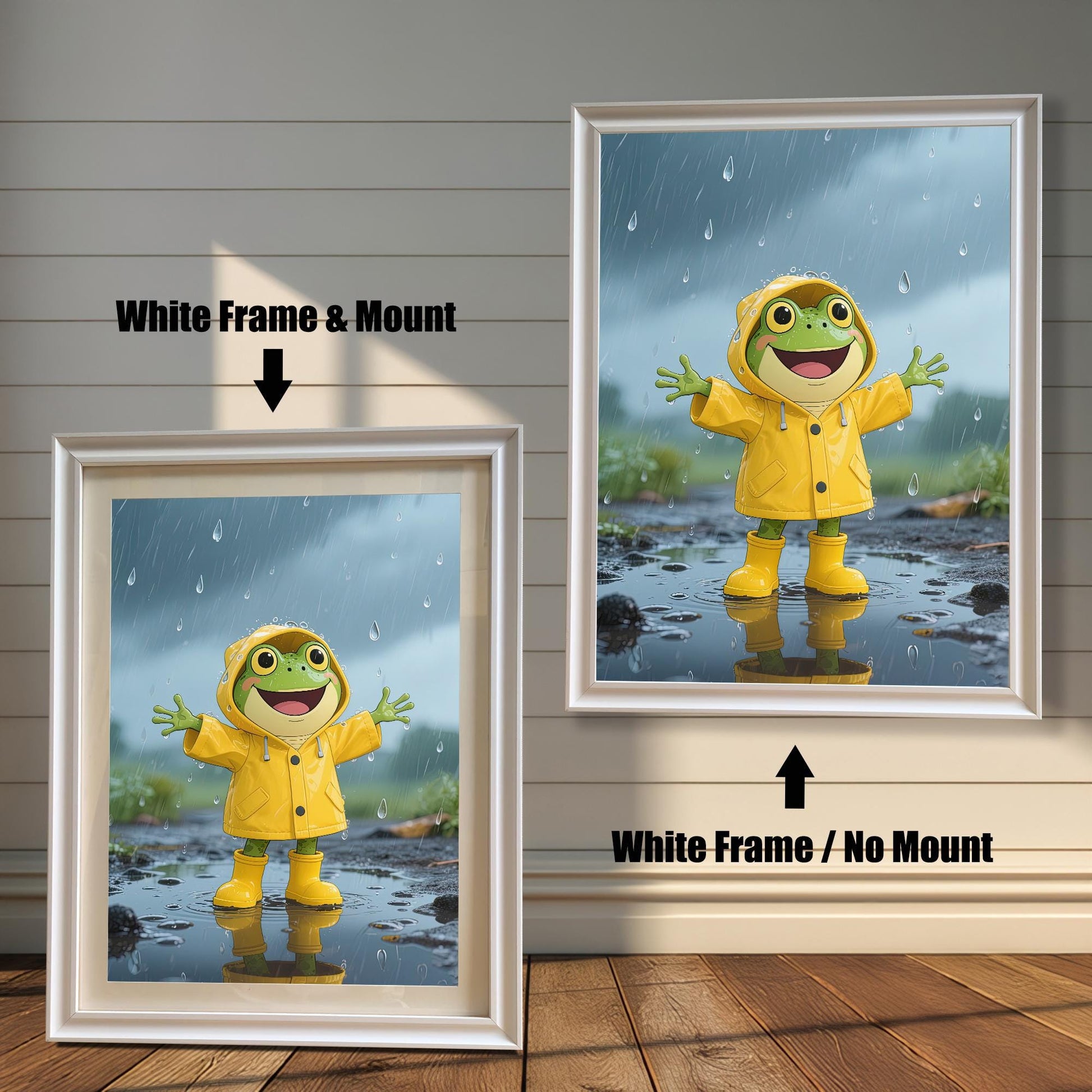 Comparison of two white-framed prints: one with a white mount (mat) and one without, both featuring the happy frog in a yellow raincoat standing in the rain.
