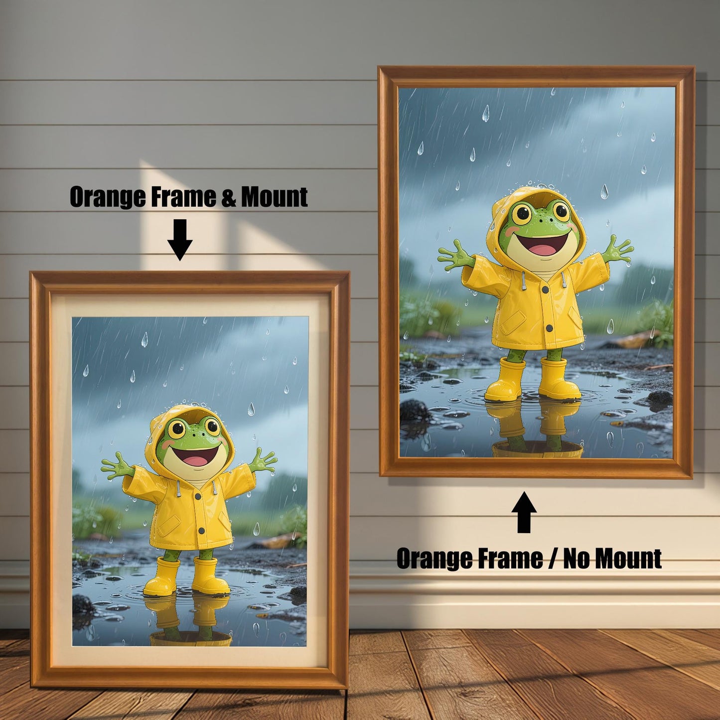 Comparison of two orange-framed prints: one with a white mount (mat) and one without, both featuring the happy frog in a yellow raincoat standing in the rain.