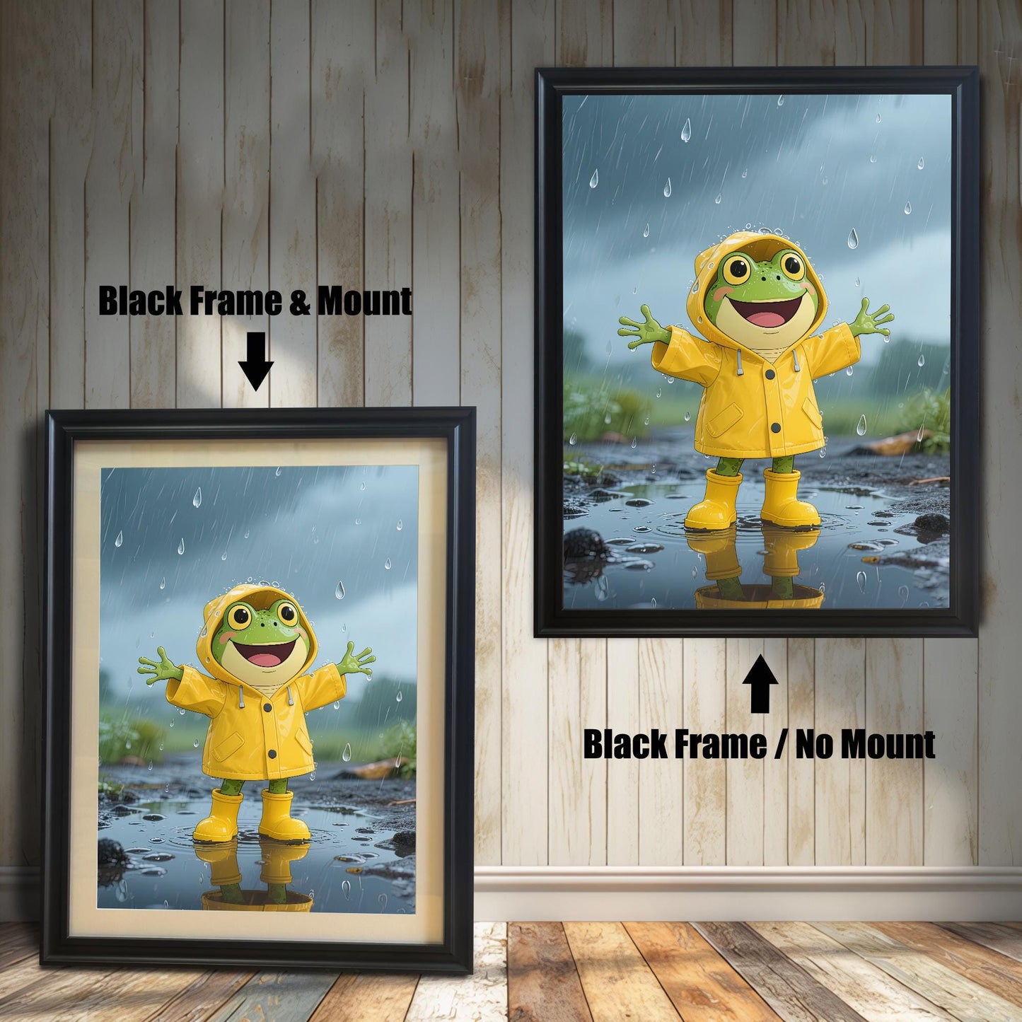 Comparison of two black-framed prints: one with a white mount (mat) and one without, both featuring the happy frog in a yellow raincoat standing in the rain.