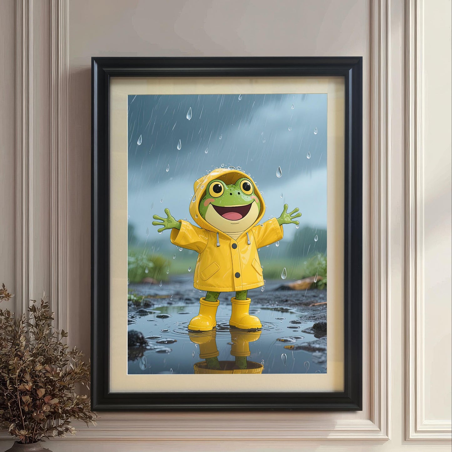 A large, black-framed art print of a joyful cartoon frog wearing a yellow raincoat and boots, standing in a puddle in the rain.