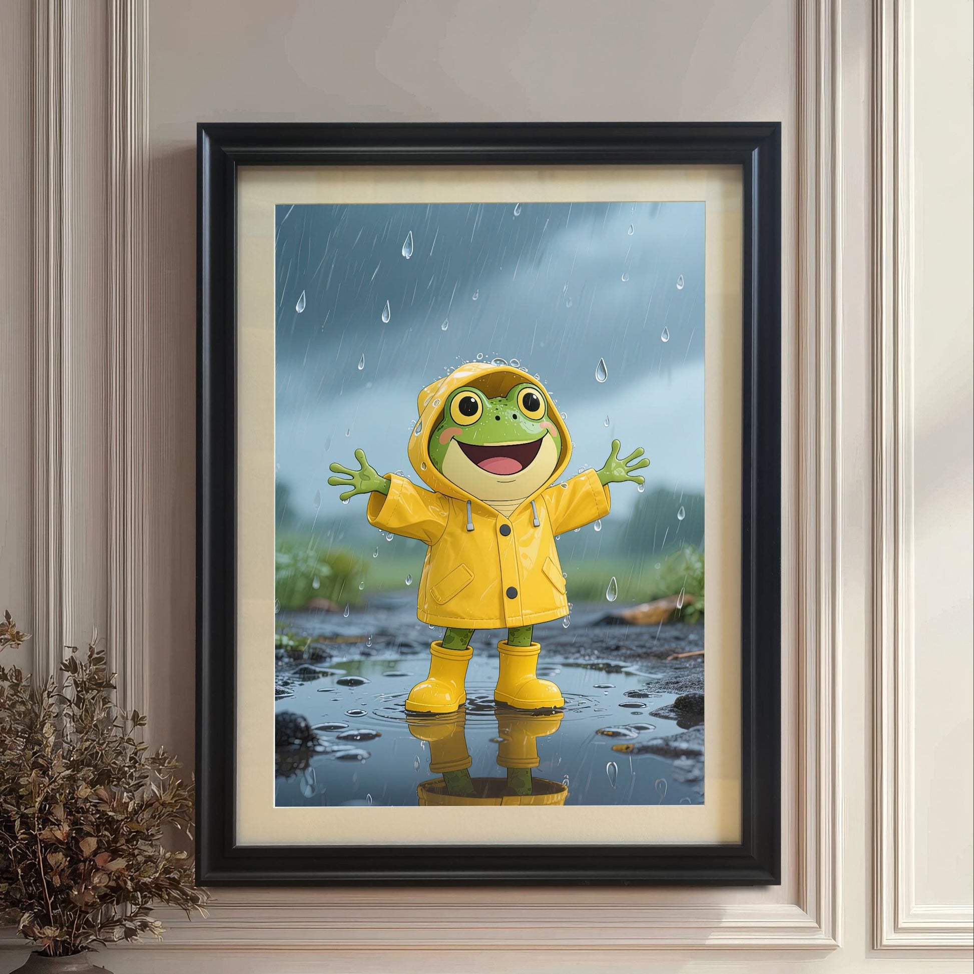 A large, black-framed art print of a joyful cartoon frog wearing a yellow raincoat and boots, standing in a puddle in the rain.