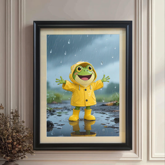 A large, black-framed art print of a joyful cartoon frog wearing a yellow raincoat and boots, standing in a puddle in the rain.