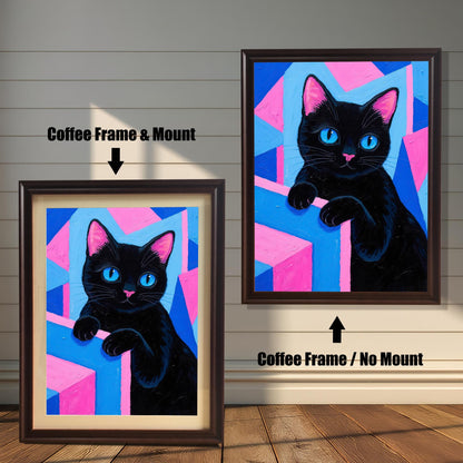 Two framed art prints of a black cat with blue eyes on a pink and blue background. One has a **Coffee Frame & Mount**, the other a **Coffee Frame / No Mount**.
